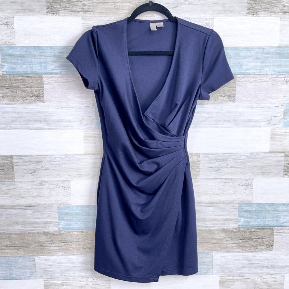 FOREVER 21 Pleated Faux Wrap Ponte Sheath Dress Navy Blue Womens Small